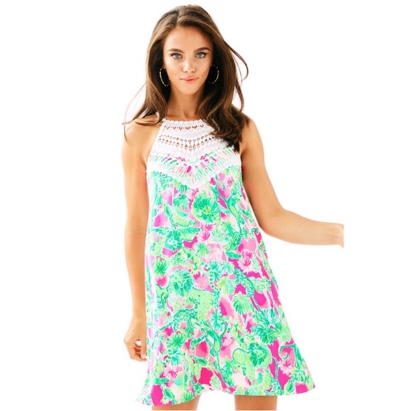 Lilly Pulitzer Pink and Green Floral Dress with Crochet Neckline - Picture 2 of 9